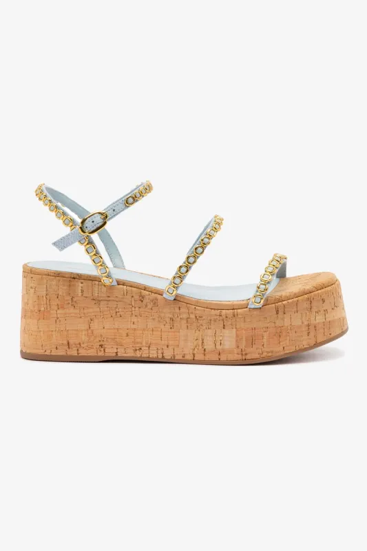 Gio Milanina Flatform In Maya Denim and Natural Cork sold by Larroude