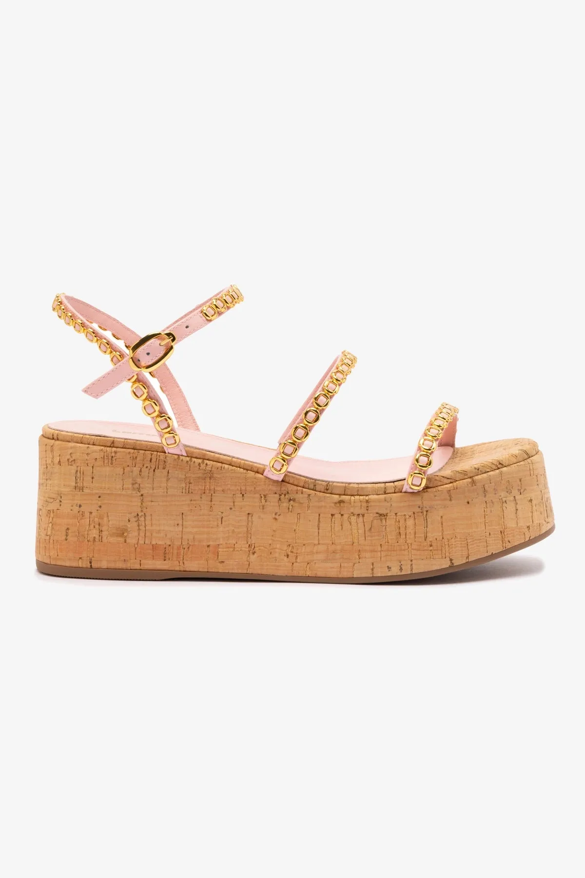 Gio Milanina Flatform In Tulip Patent Leather and Natural Cork sold by Larroude