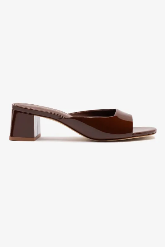 Chloe Gosselin by Larroudé Anah Mule In Brown Patent Leather made by Larroude