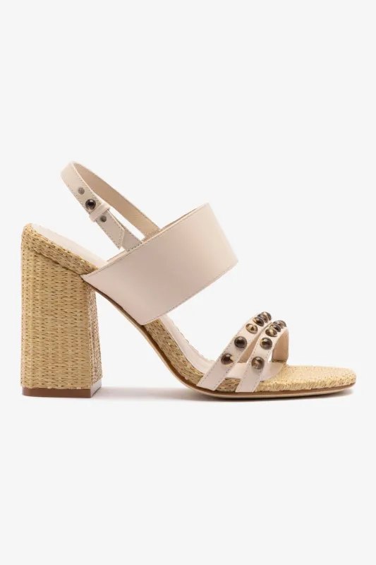 Chloe Gosselin by Larroudé Margot Sandal In Puff Cream Leather and Natural Raffia sold by Larroude
