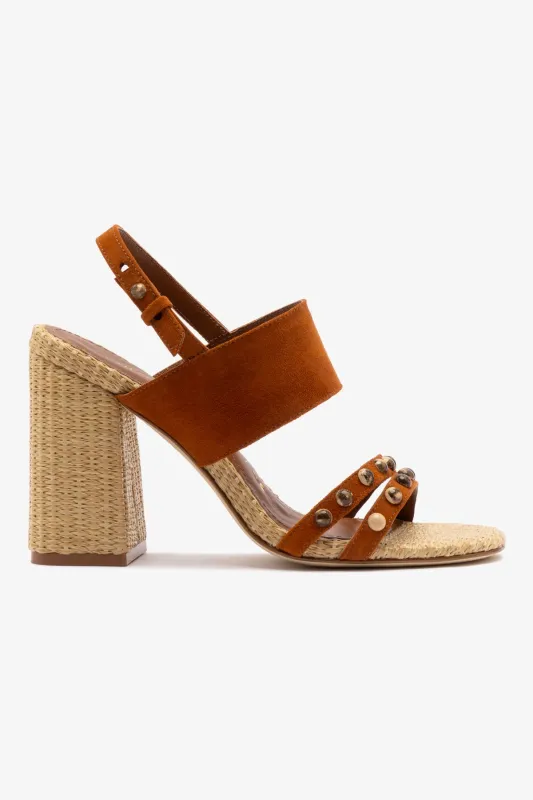 Chloe Gosselin by Larroudé Margot Sandal In Chestnut Suede and Natural Raffia sold by Larroude