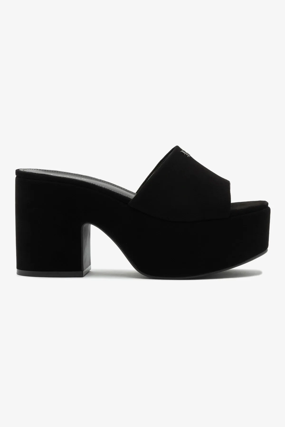 Miso Platform Mule In Black Suede sold by Larroude