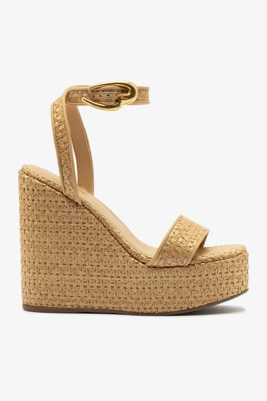 Verona Hi Wedge In Beige Leather and Natural Raffia sold by Larroude