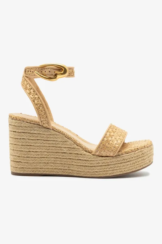 Verona Low Wedge In Beige Leather and Natural Raffia sold by Larroude
