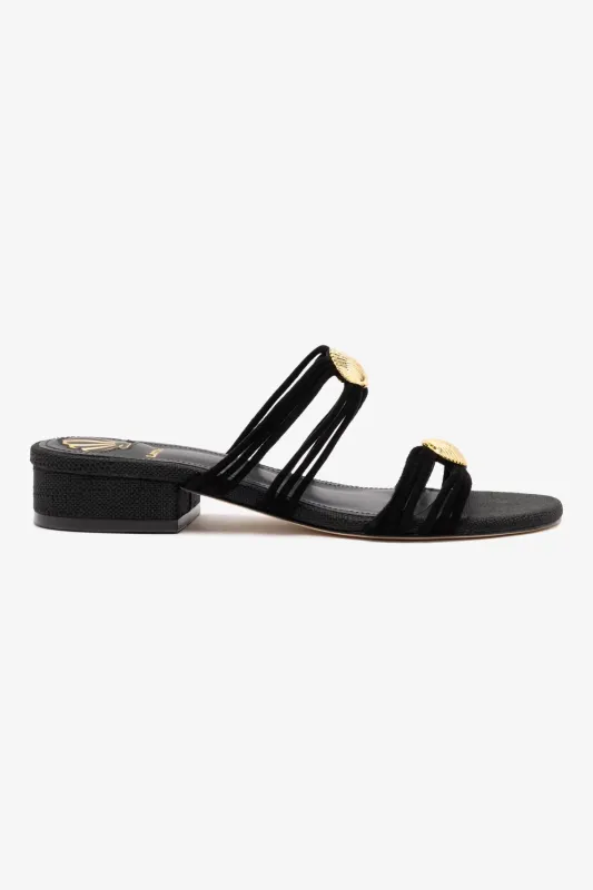 Shelly Flat Mule In Black Suede and Black Raffia sold by Larroude