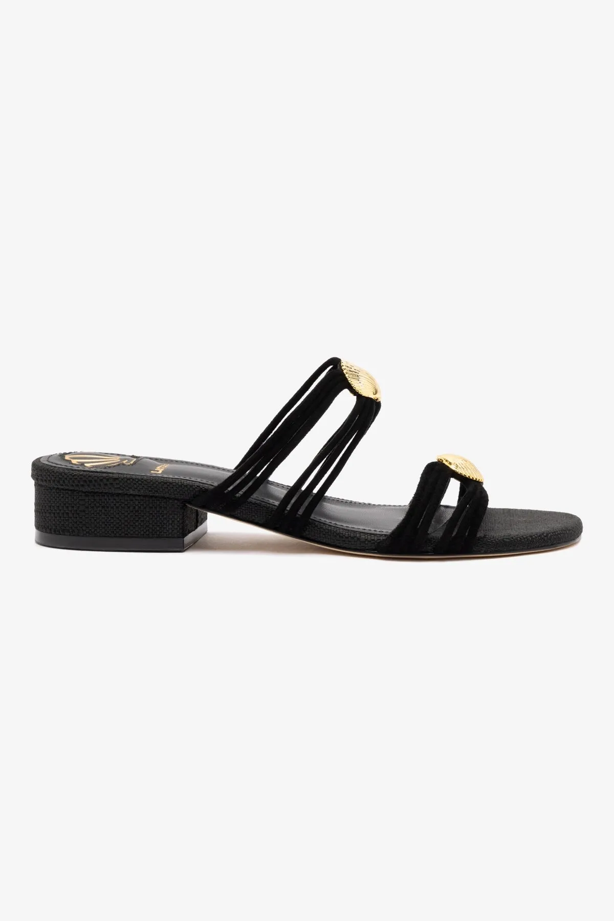 Shelly Flat Mule In Black Suede and Black Raffia sold by Larroude