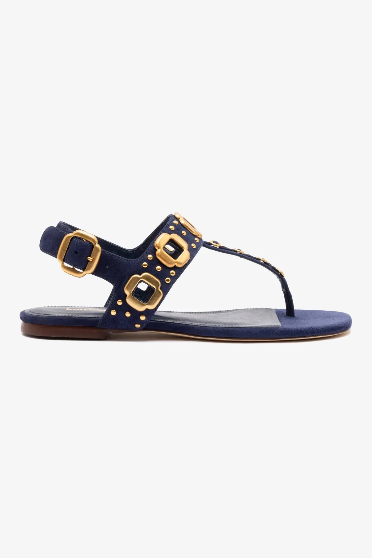 Milan Studs Thong Sandal In Navy Suede sold by Larroude