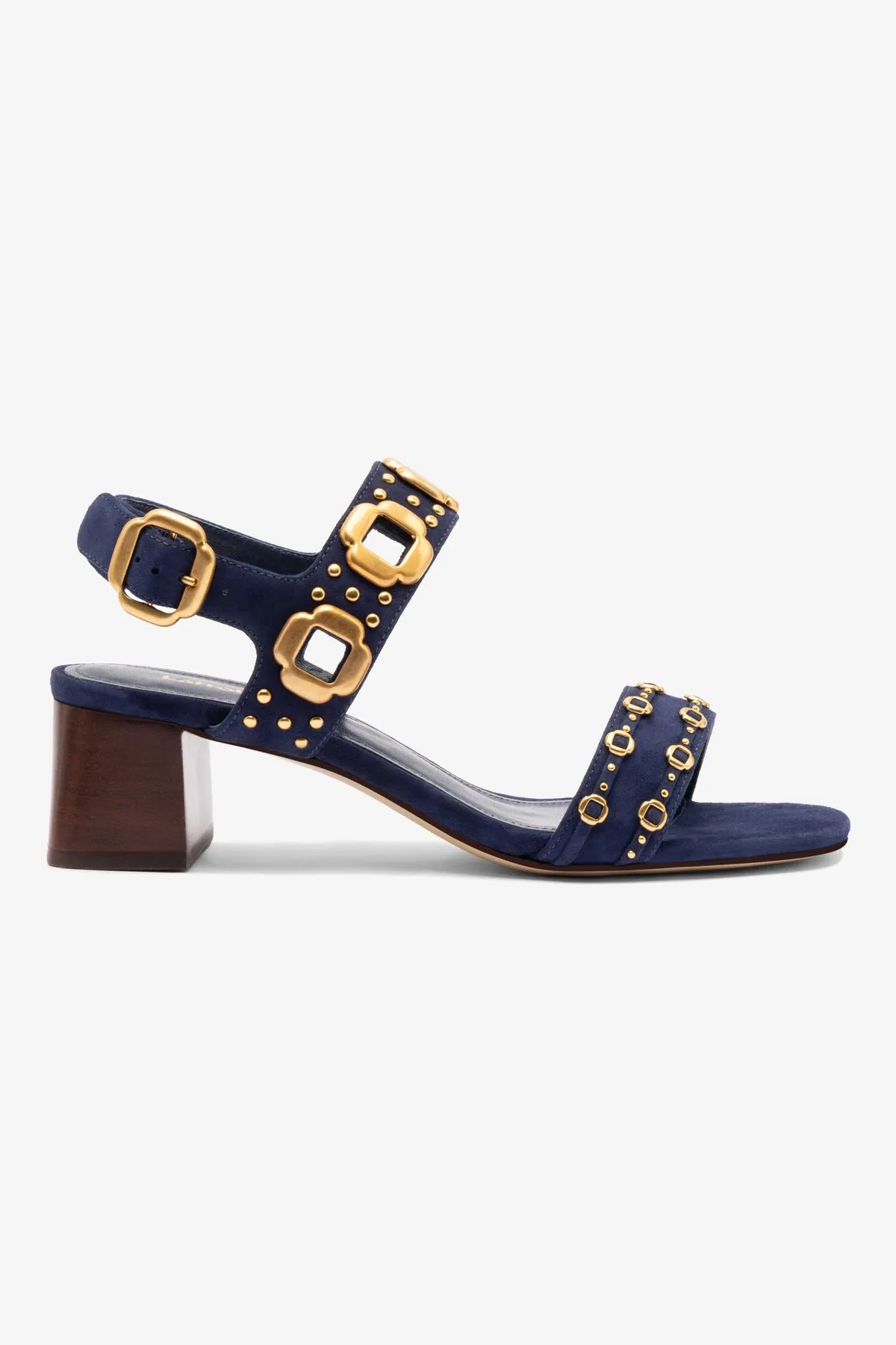 Milan Studs Block Sandal In Navy Suede sold by Larroude