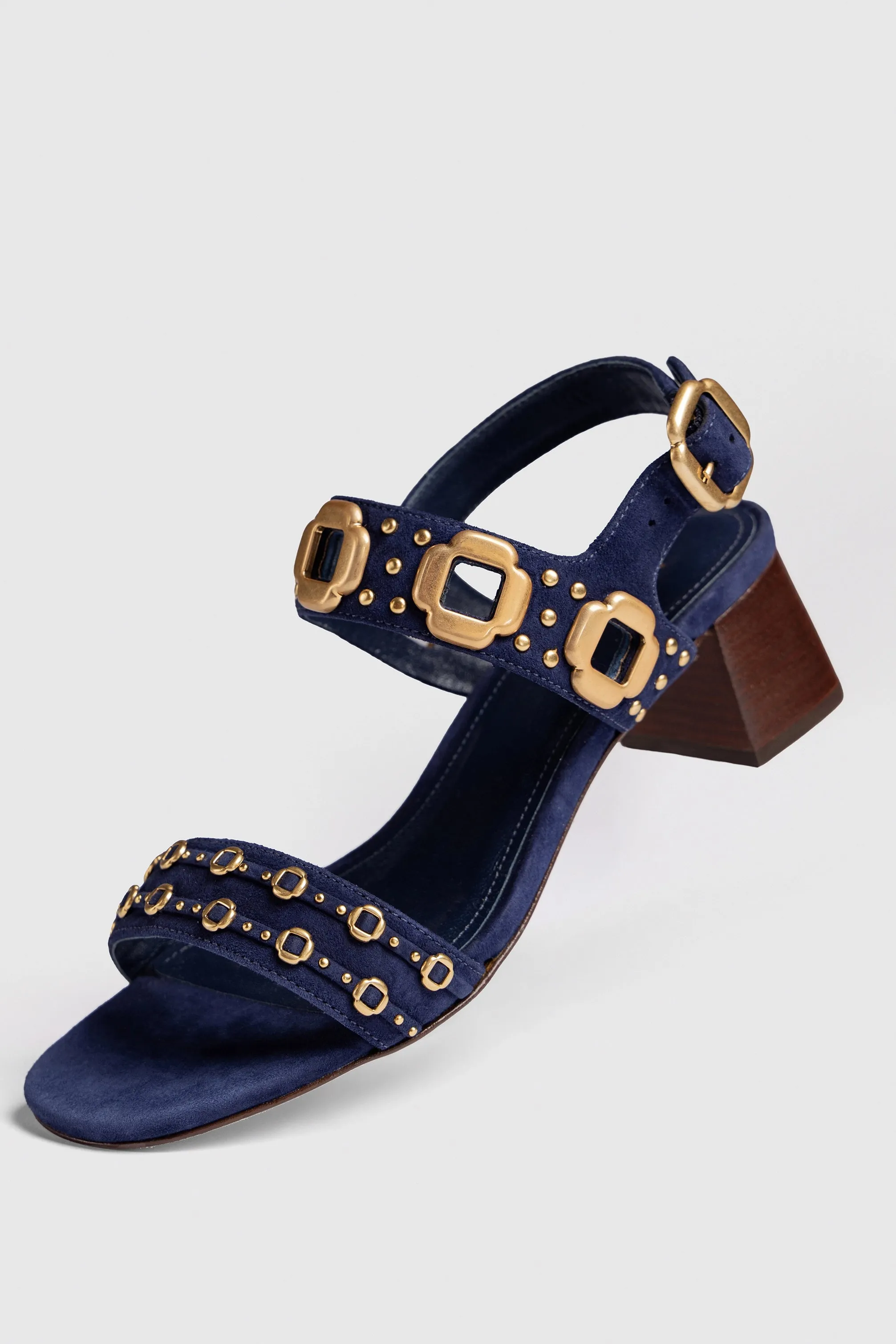 Milan Studs Block Sandal In Navy Suede sold by Larroude product image thumbnail 2