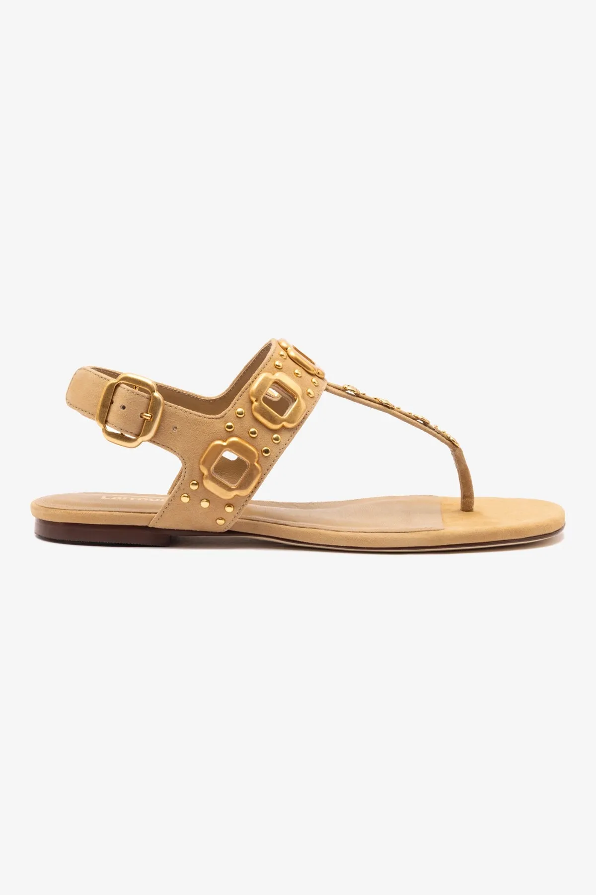 Milan Studs Thong Sandal In Peanut Suede sold by Larroude