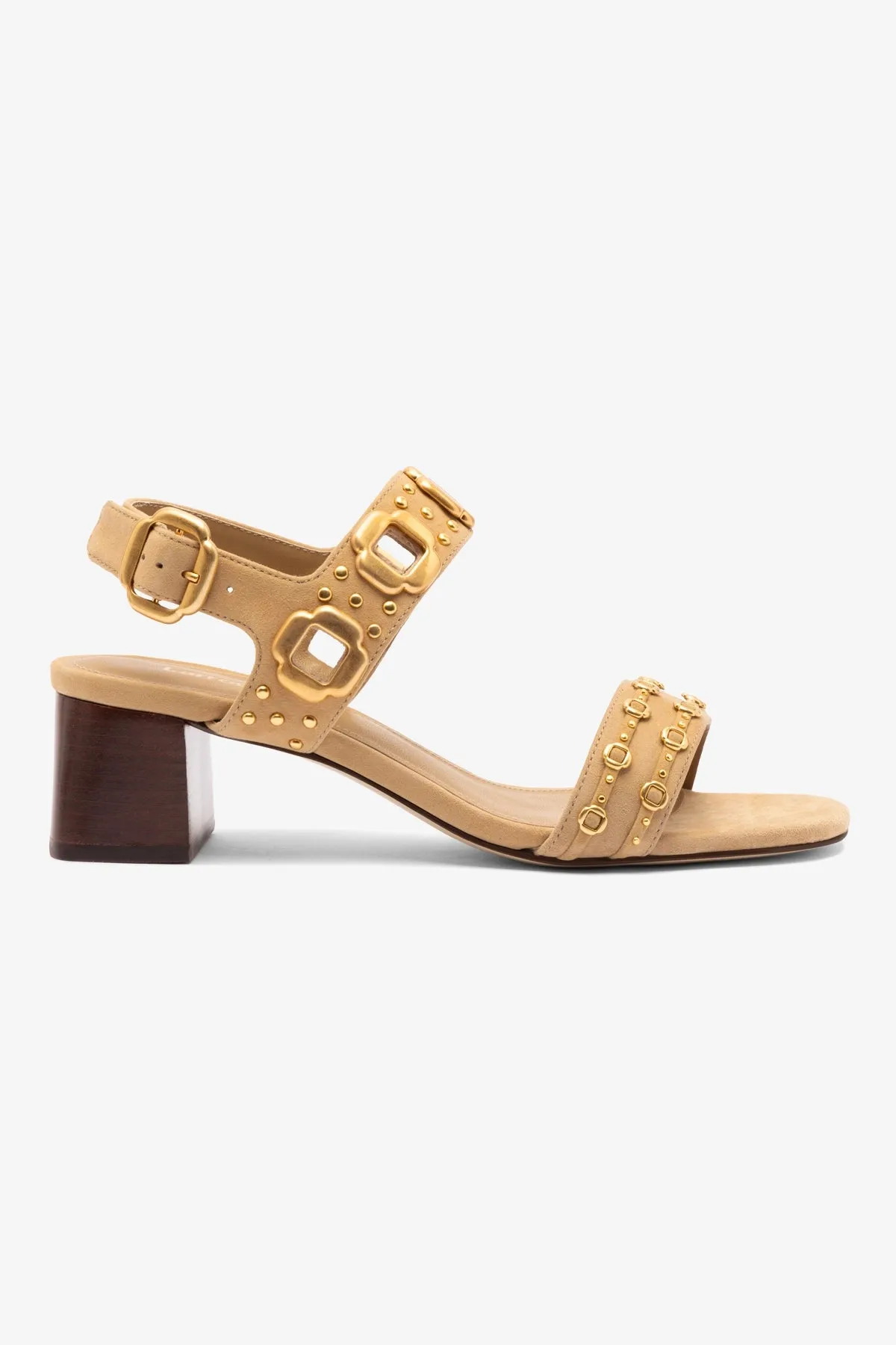 Milan Studs Block Sandal In Peanut Suede sold by Larroude