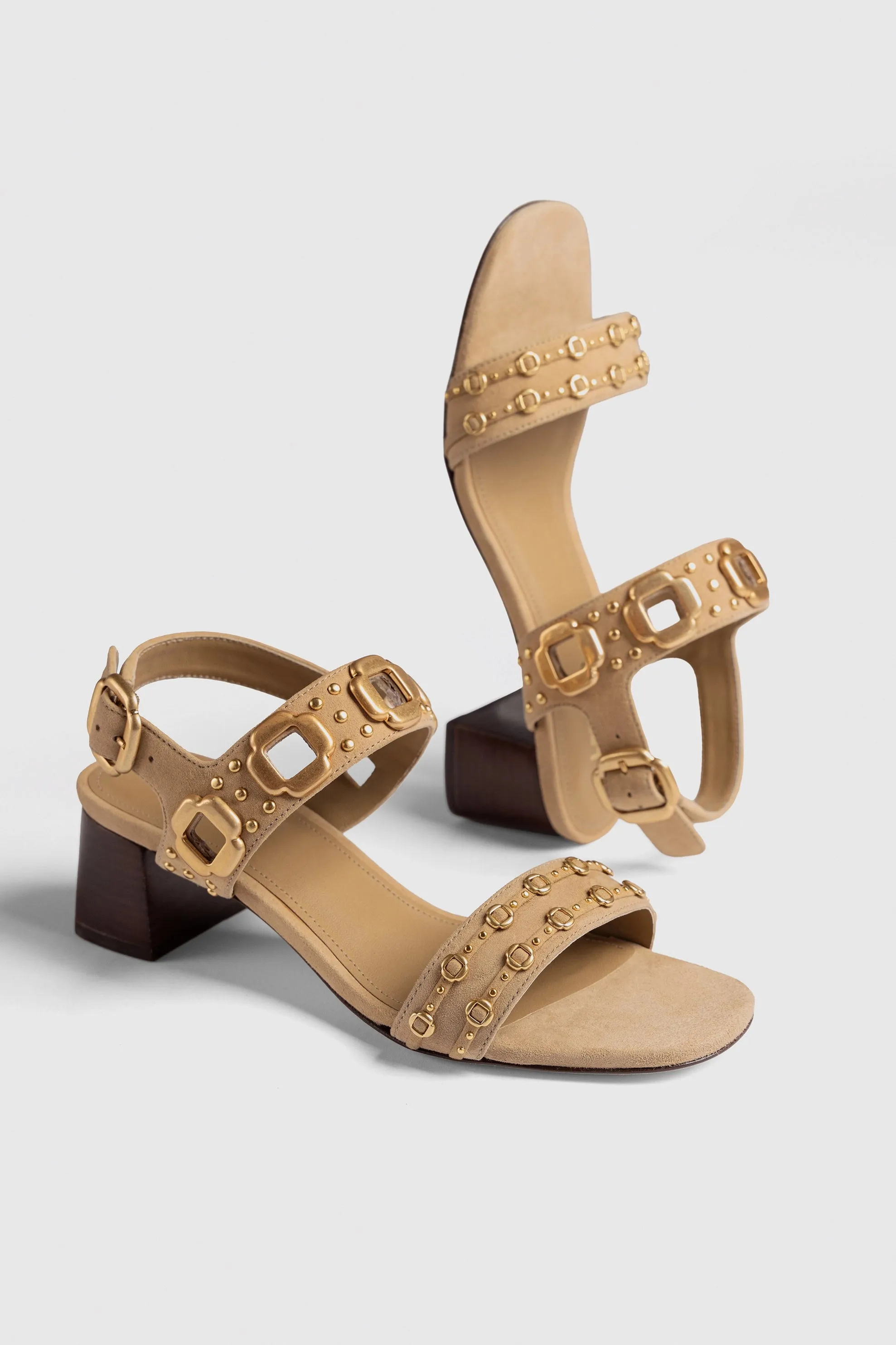 Milan Studs Block Sandal In Peanut Suede sold by Larroude product image thumbnail 2