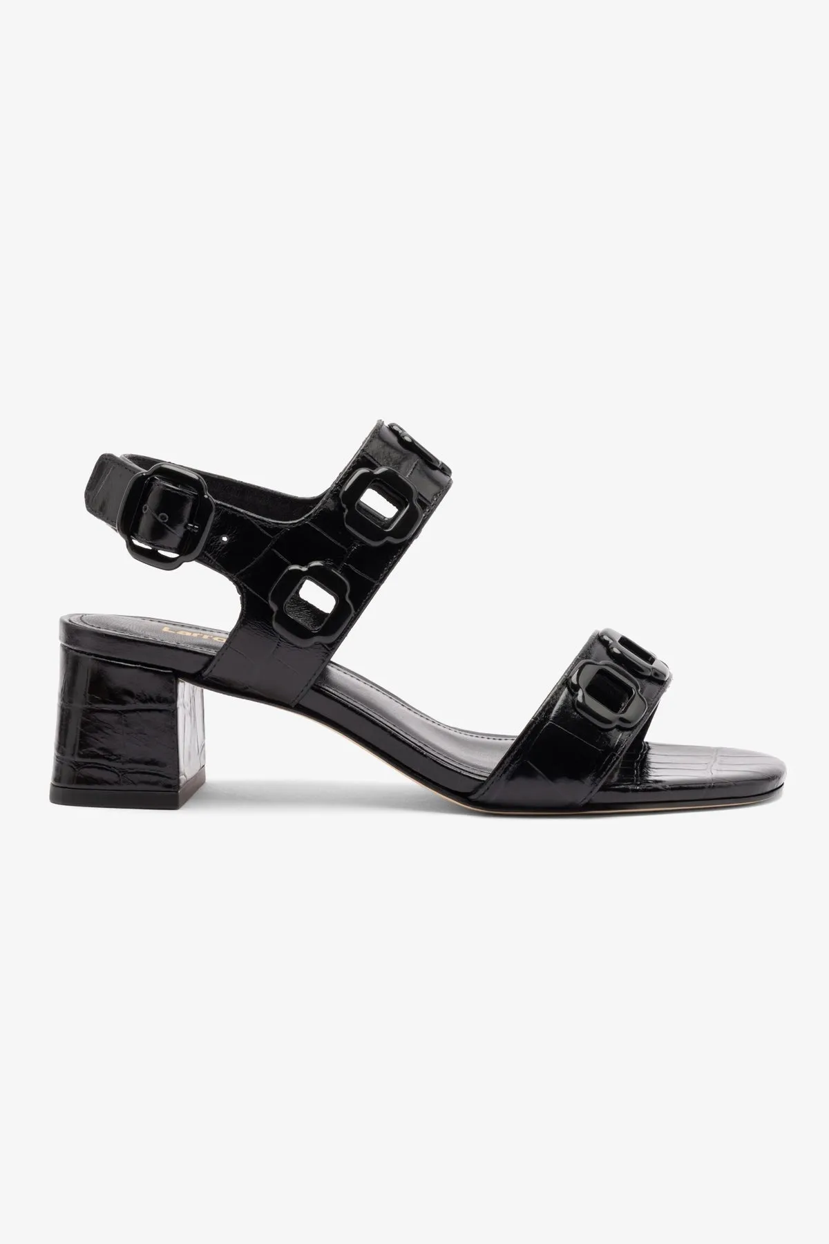 Milan Block Sandal In Black Croc Printed Leather sold by Larroude