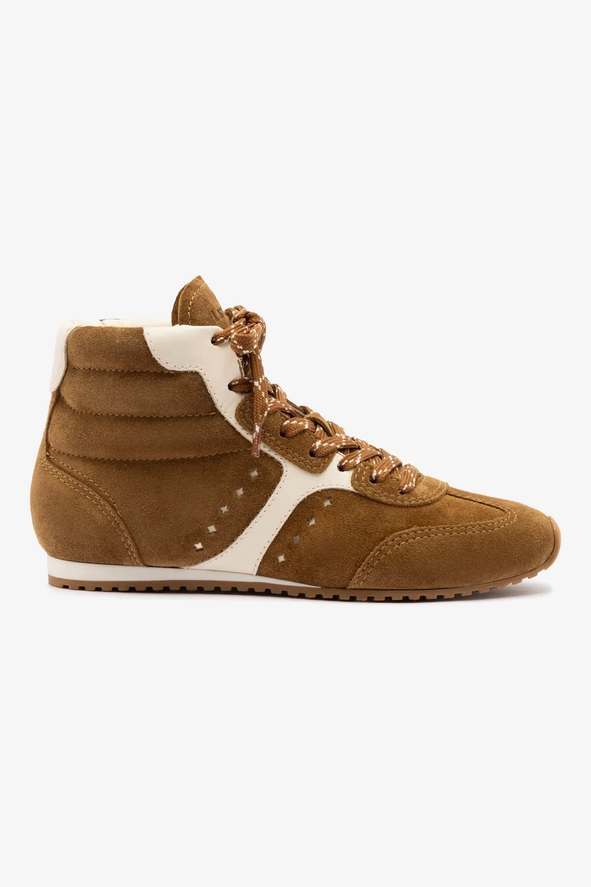 Stella Mid Sneaker In Russet Suede and Ivory Leather sold by Larroude