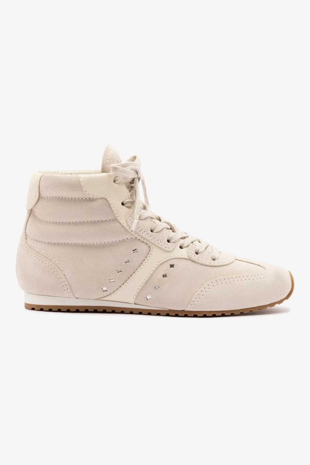 Stella Mid Sneaker In Mushroom Grey Suede and Ivory Leather sold by Larroude
