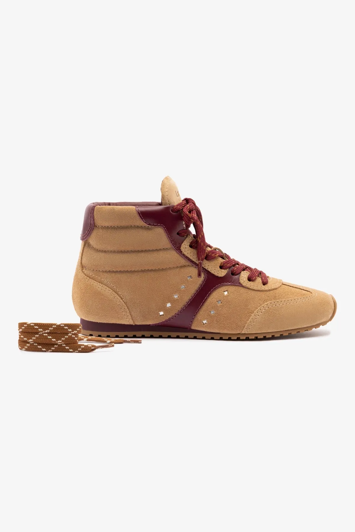Stella Mid Sneaker In Peanut Suede and Burgundy Leather sold by Larroude product image thumbnail 5