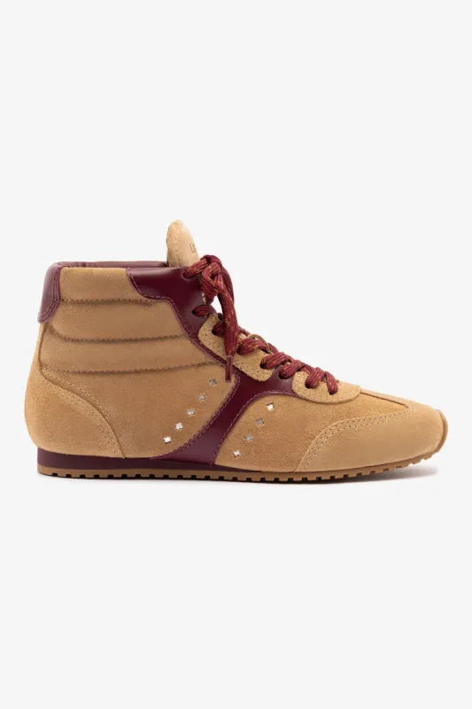 Stella Mid Sneaker In Peanut Suede and Burgundy Leather sold by Larroude
