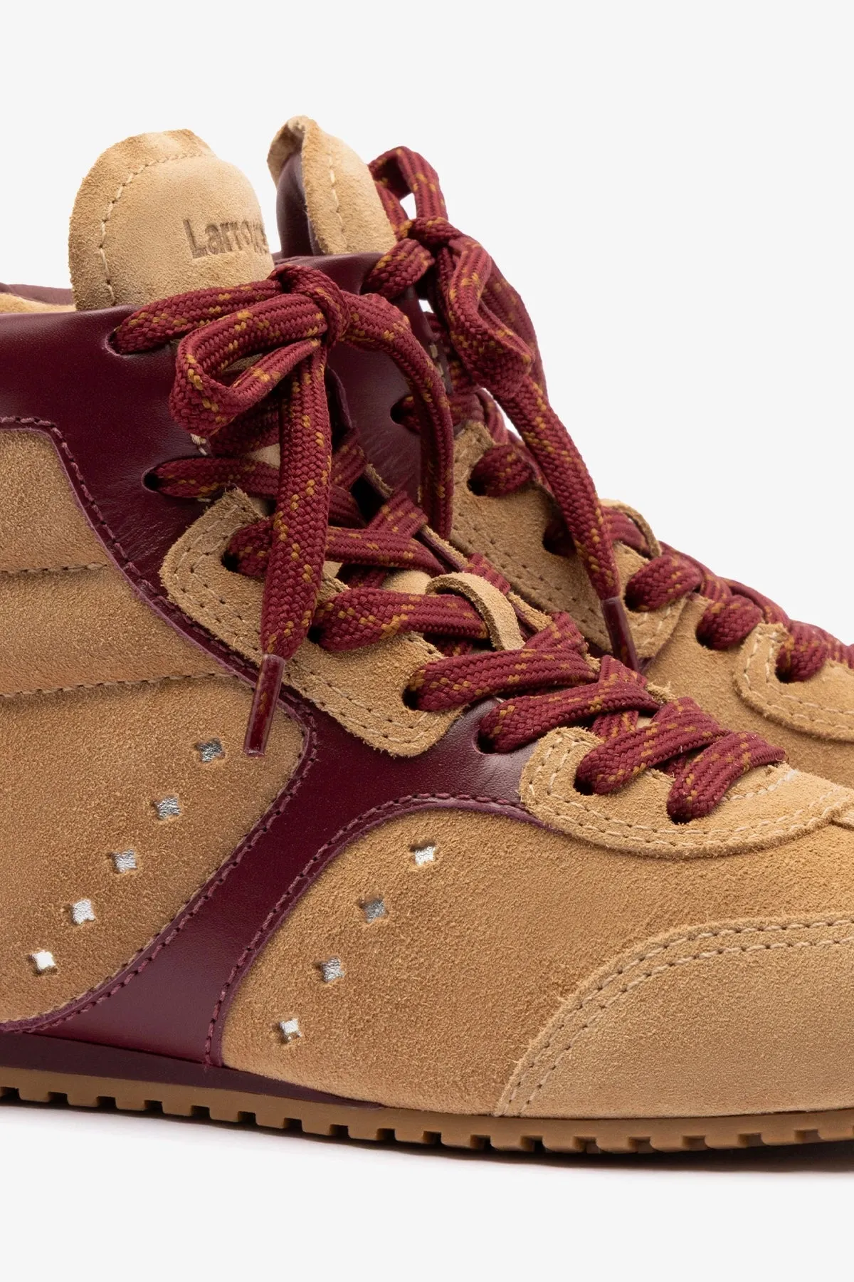 Stella Mid Sneaker In Peanut Suede and Burgundy Leather sold by Larroude product image thumbnail 4