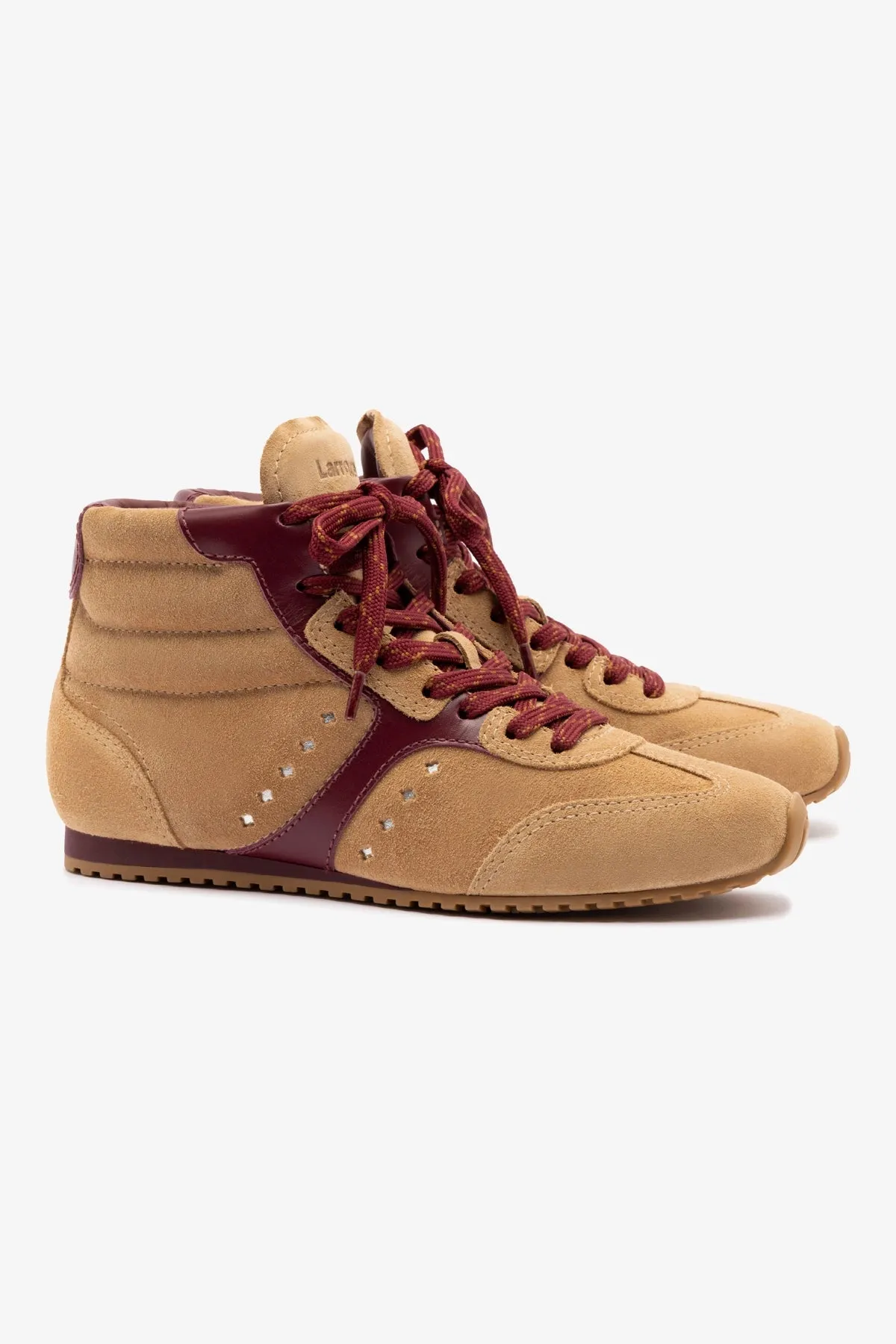 Stella Mid Sneaker In Peanut Suede and Burgundy Leather sold by Larroude product image thumbnail 3