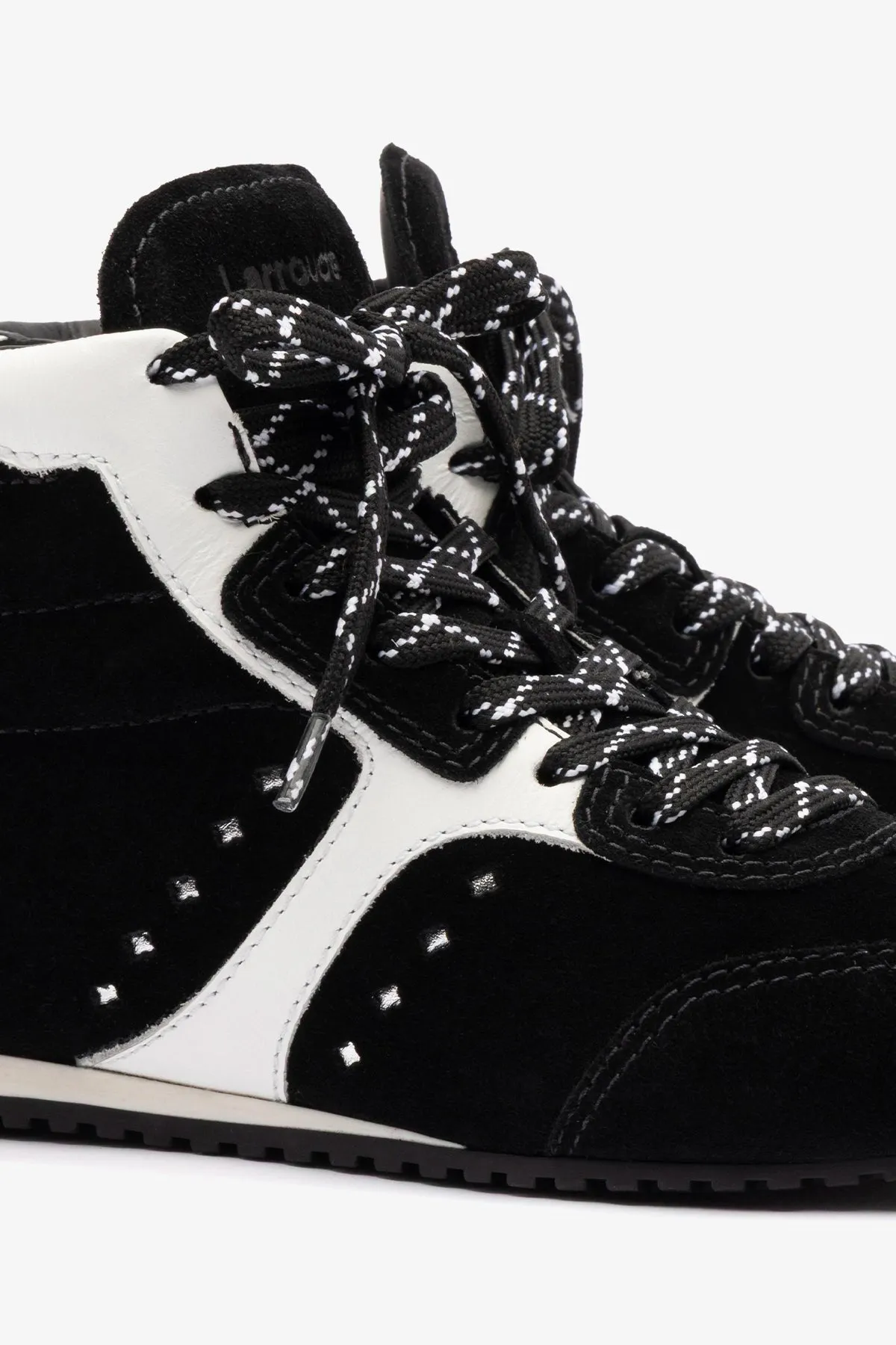 Stella Mid Sneaker In Black Suede and White Leather sold by Larroude product image thumbnail 4