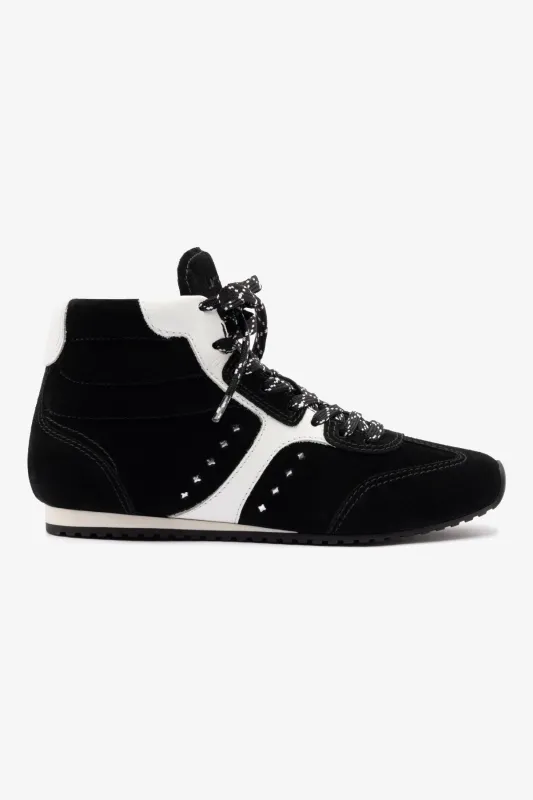 Stella Mid Sneaker In Black Suede and White Leather sold by Larroude