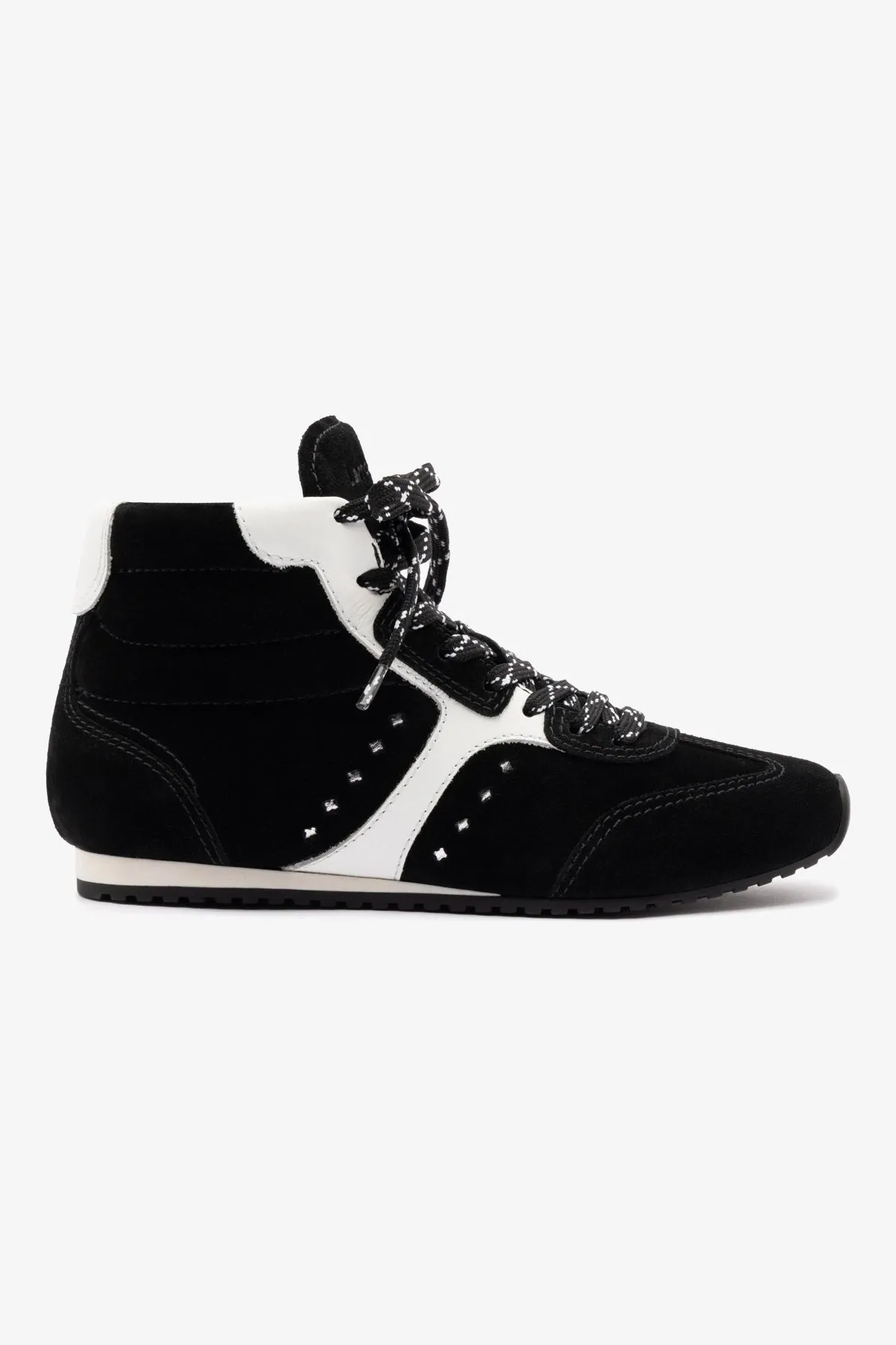 Stella Mid Sneaker In Black Suede and White Leather sold by Larroude