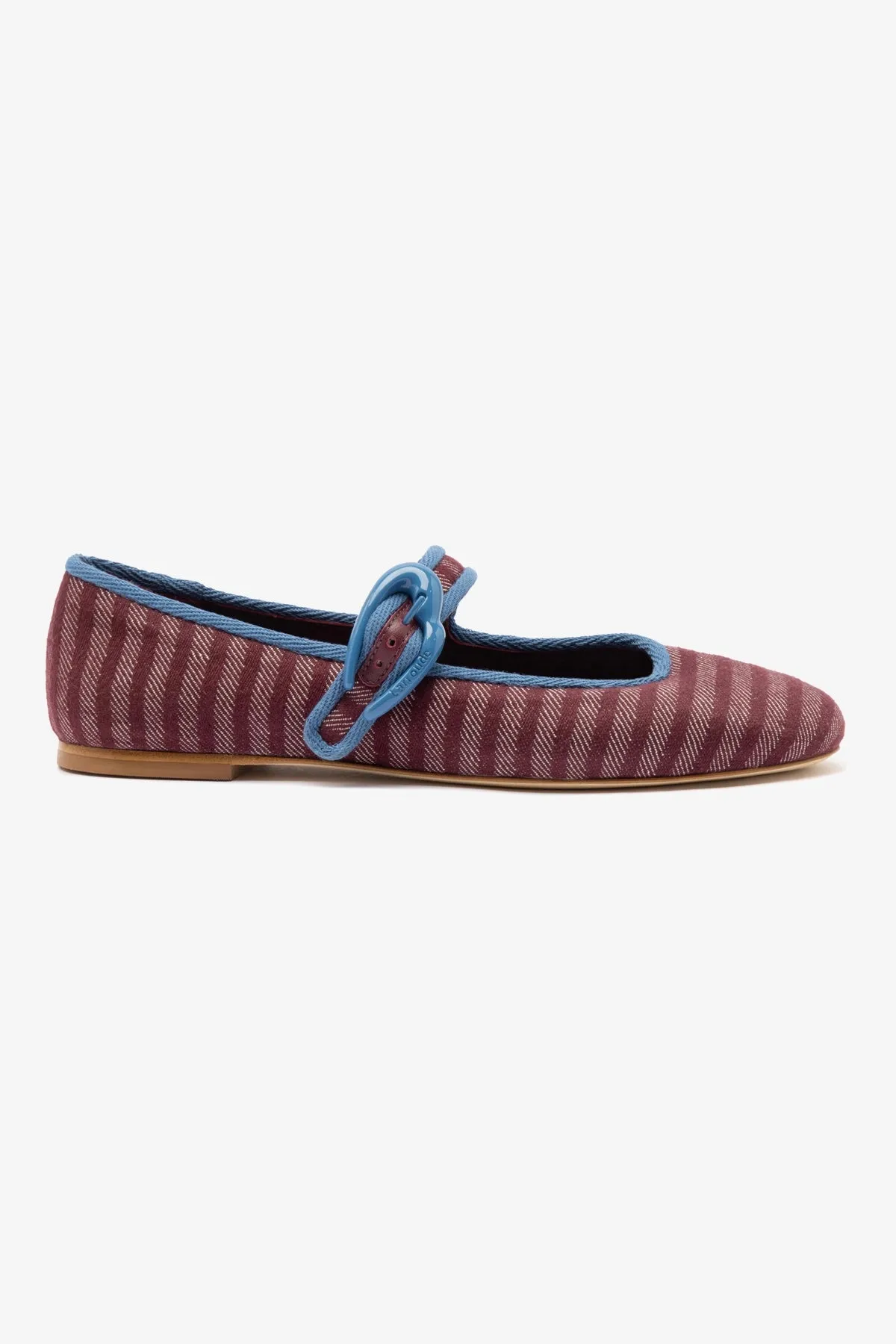 Verona Ballet Flat In Wine Striped Fabric and Blue Stoned Trimming sold by Larroude