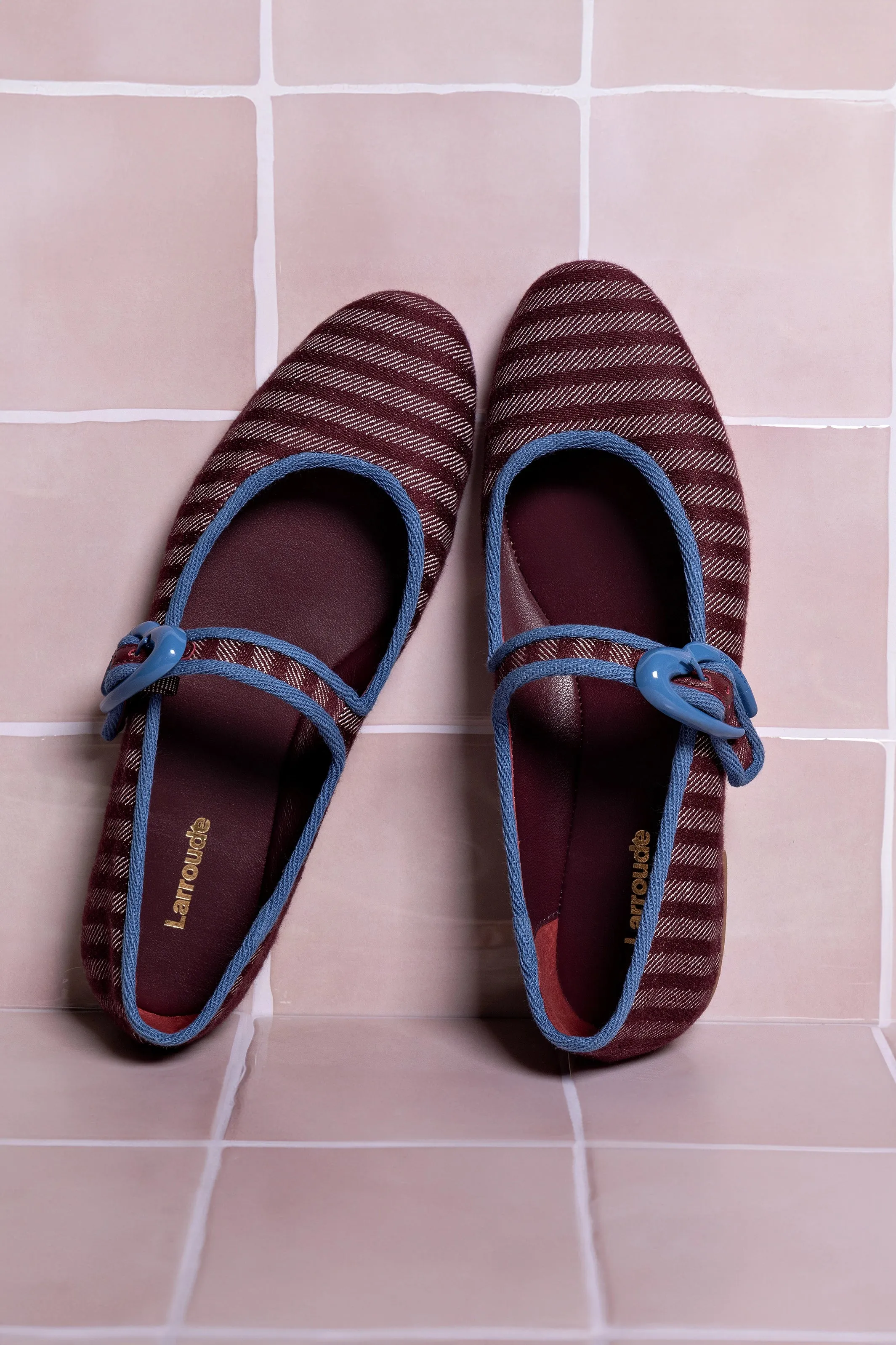 Verona Ballet Flat In Wine Striped Fabric and Blue Stoned Trimming sold by Larroude product image thumbnail 2