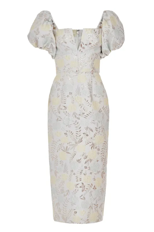 Yvette Ivory Metallic Brocade Puff Sleeve Dress sold by Larroude