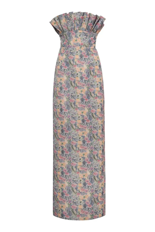 Demetra Watercolor Floral Ikat Ruffled Bodice Gown made by Larroude