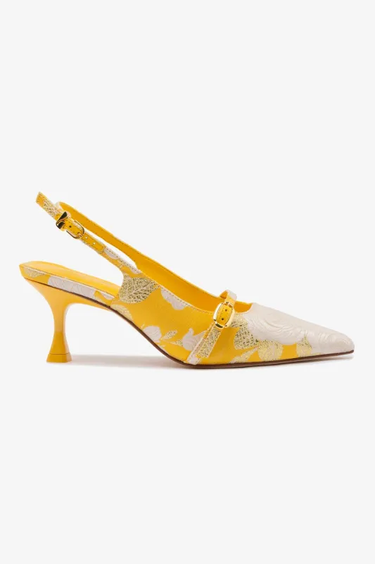 Larroudé x Markarian Ines Pump In Yellow Floral Brocade sold by Larroude