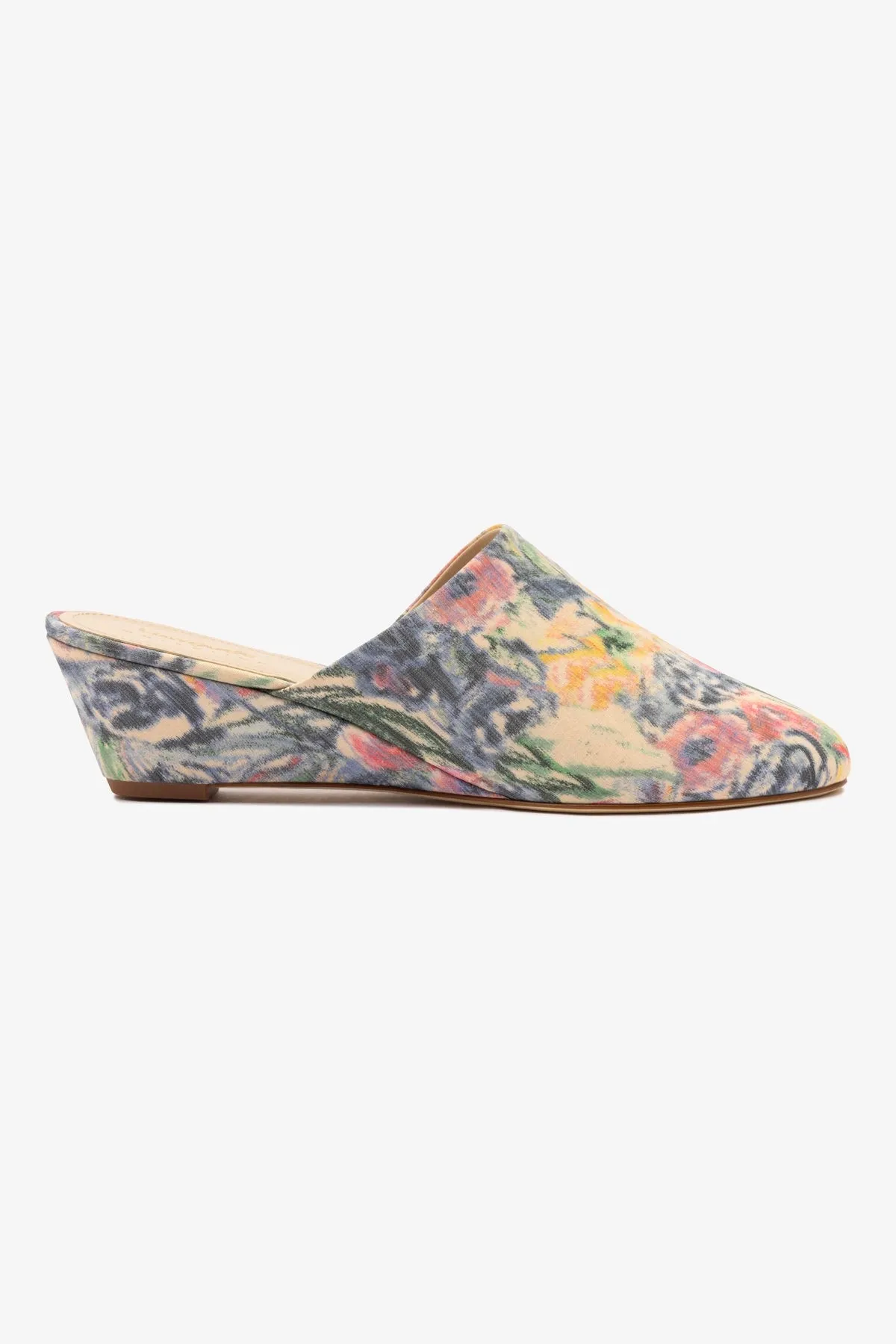 Larroudé x Markarian Venice Wedge In Ash Blue Floral Demetra sold by Larroude