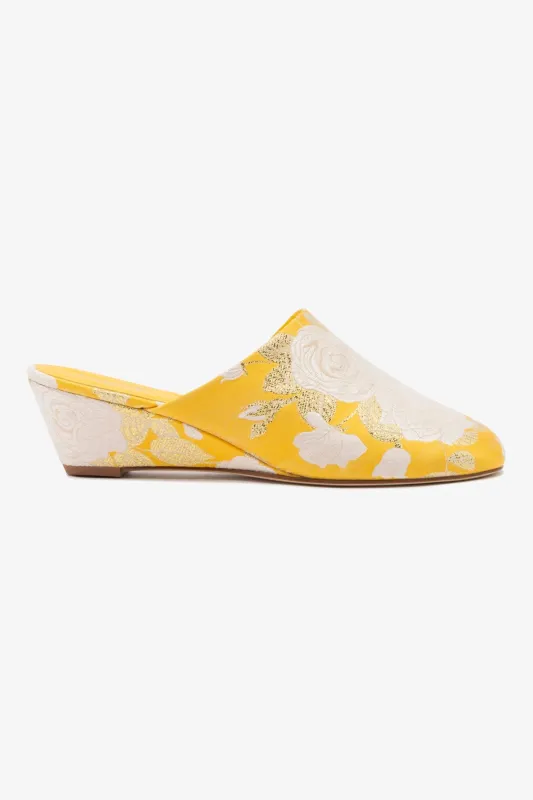 Larroudé x Markarian Venice Wedge In Yellow Floral Brocade sold by Larroude