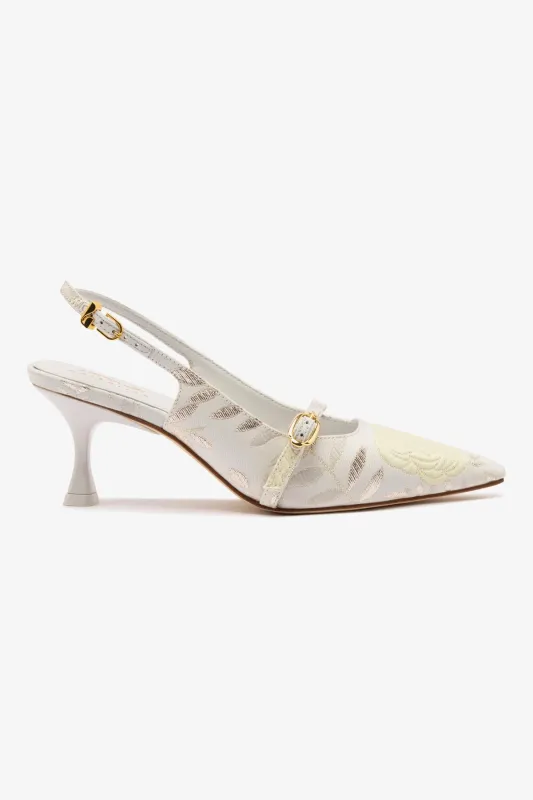 Larroudé x Markarian Ines Pump In Yvette Ivory Brocade sold by Larroude
