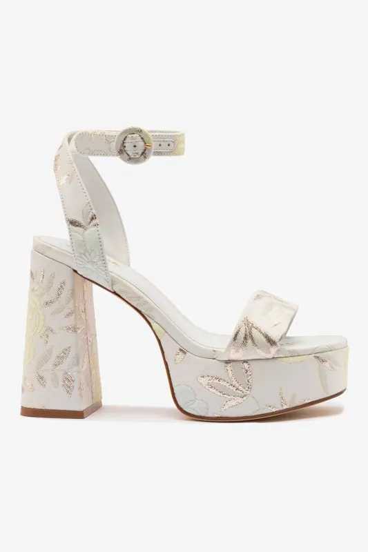 Larroudé x Markarian Dolly Sandal In Yvette Ivory Brocade sold by Larroude