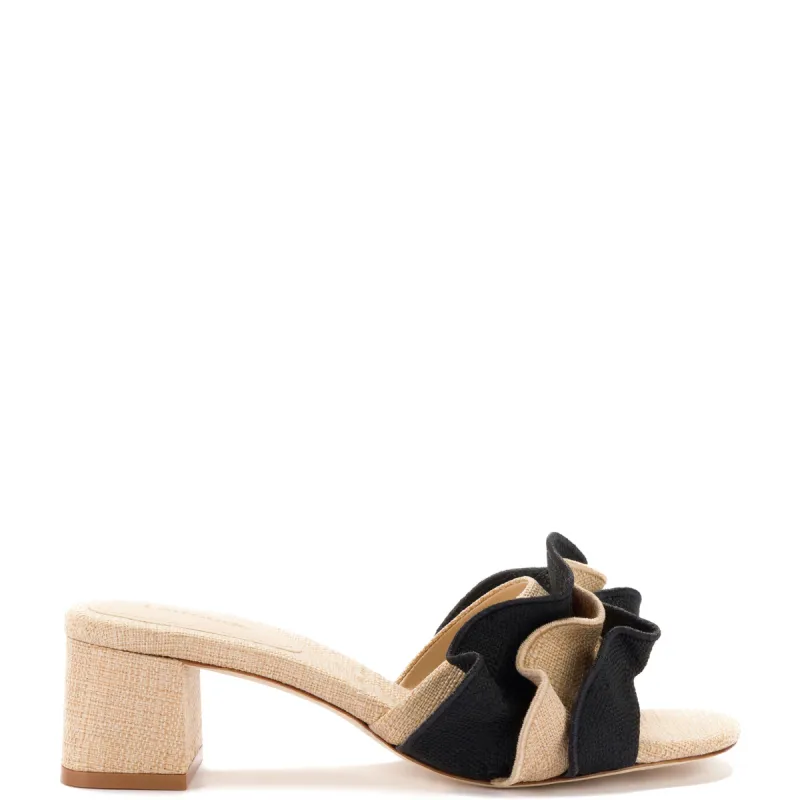 Brigitte Ruffle Mule In Beige and Black Raffia sold by Larroude