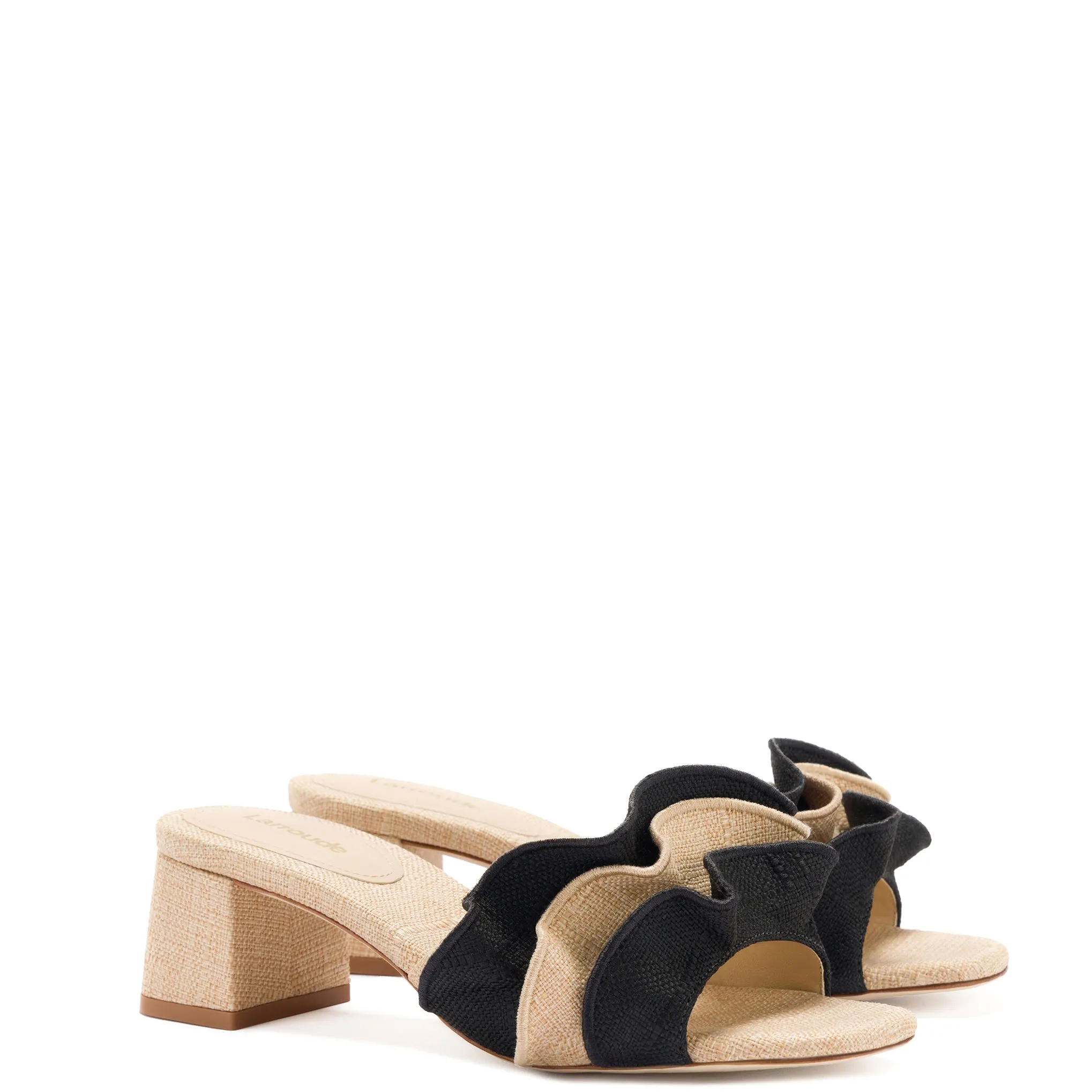 Brigitte Ruffle Mule In Beige and Black Raffia sold by Larroude product image thumbnail 2