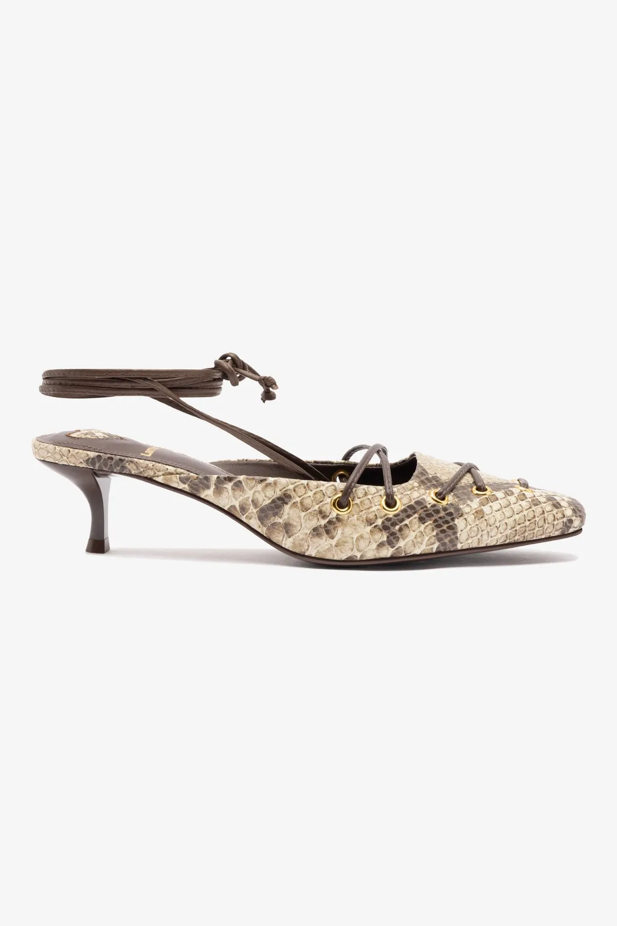 Amal Lace Up Pump In Neutral Printed Snake sold by Larroude