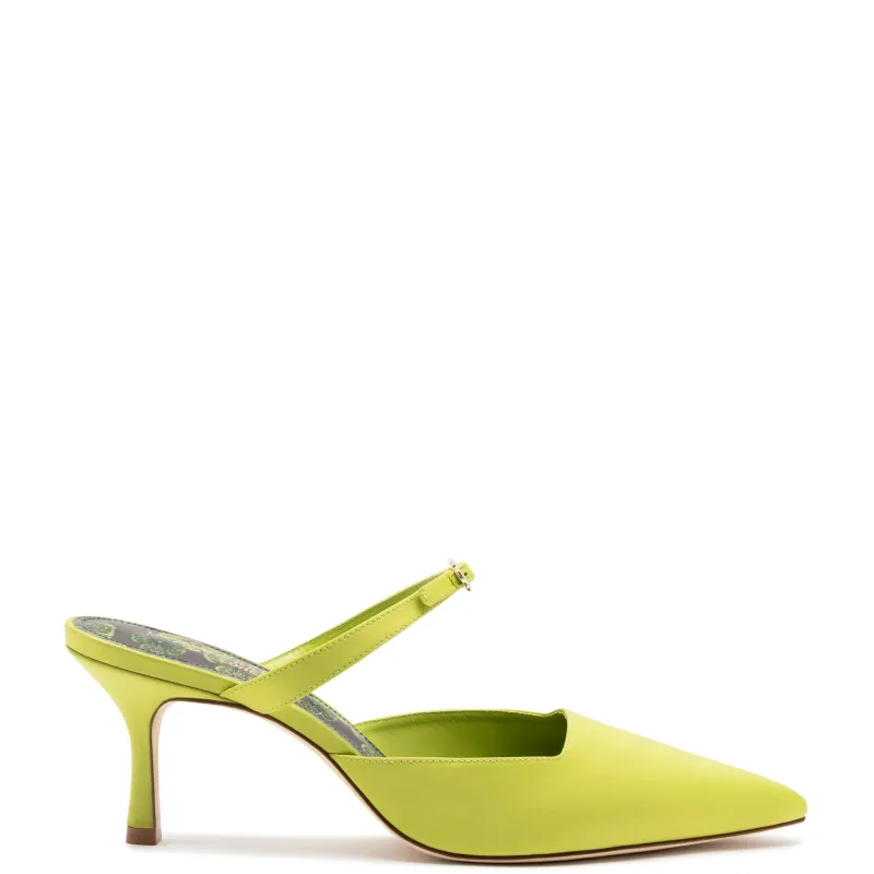 Larroudé for Jonathan Cohen: Strap Mule In Green Satin sold by Larroude