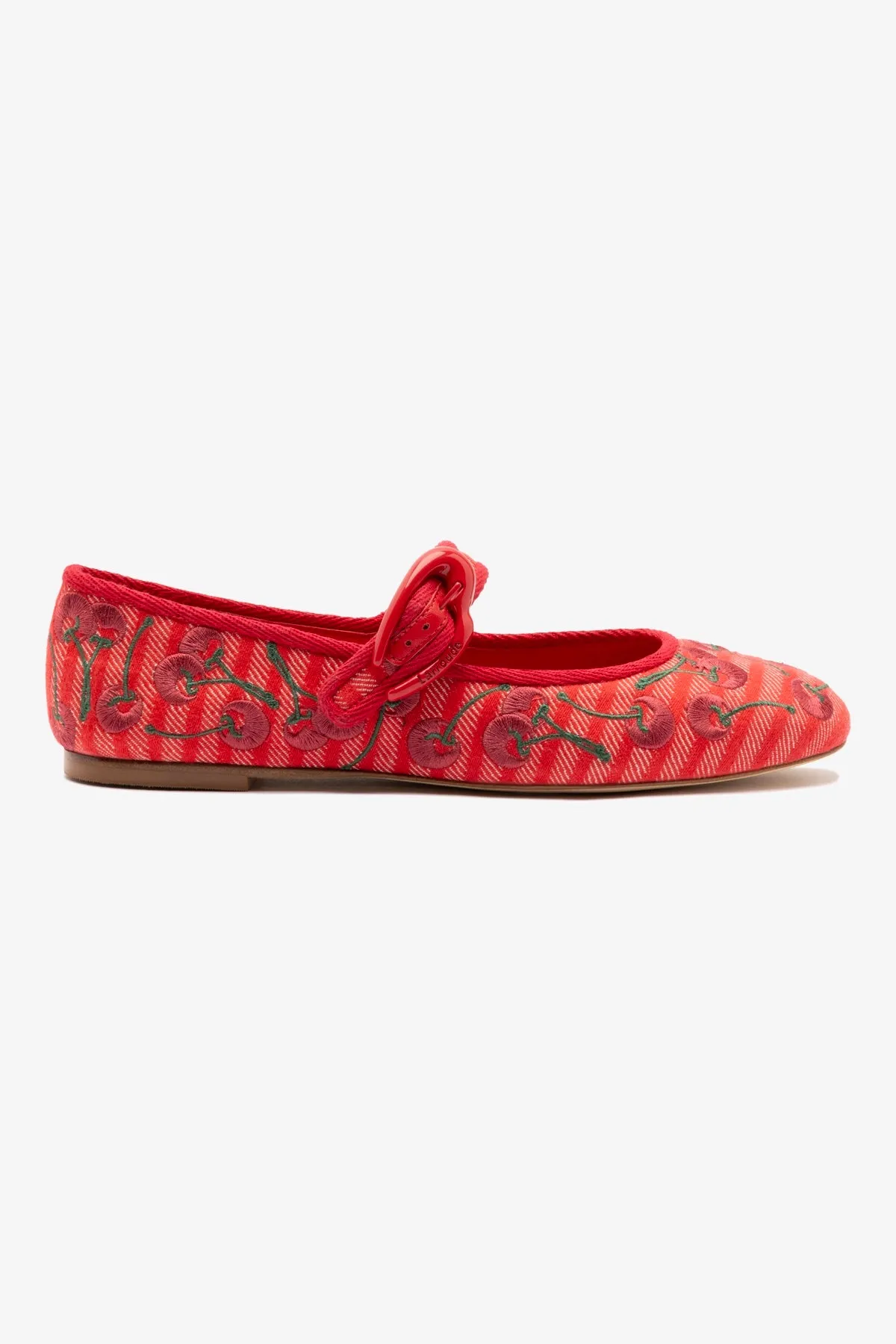 Verona Ballet Flat In Raspberry Striped Fabric and Cherry Embroidery sold by Larroude