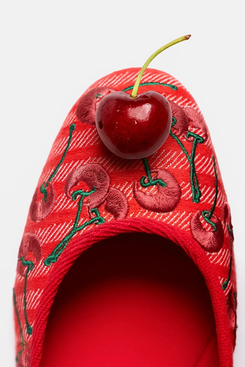 Verona Ballet Flat In Raspberry Striped Fabric and Cherry Embroidery sold by Larroude product image thumbnail 2