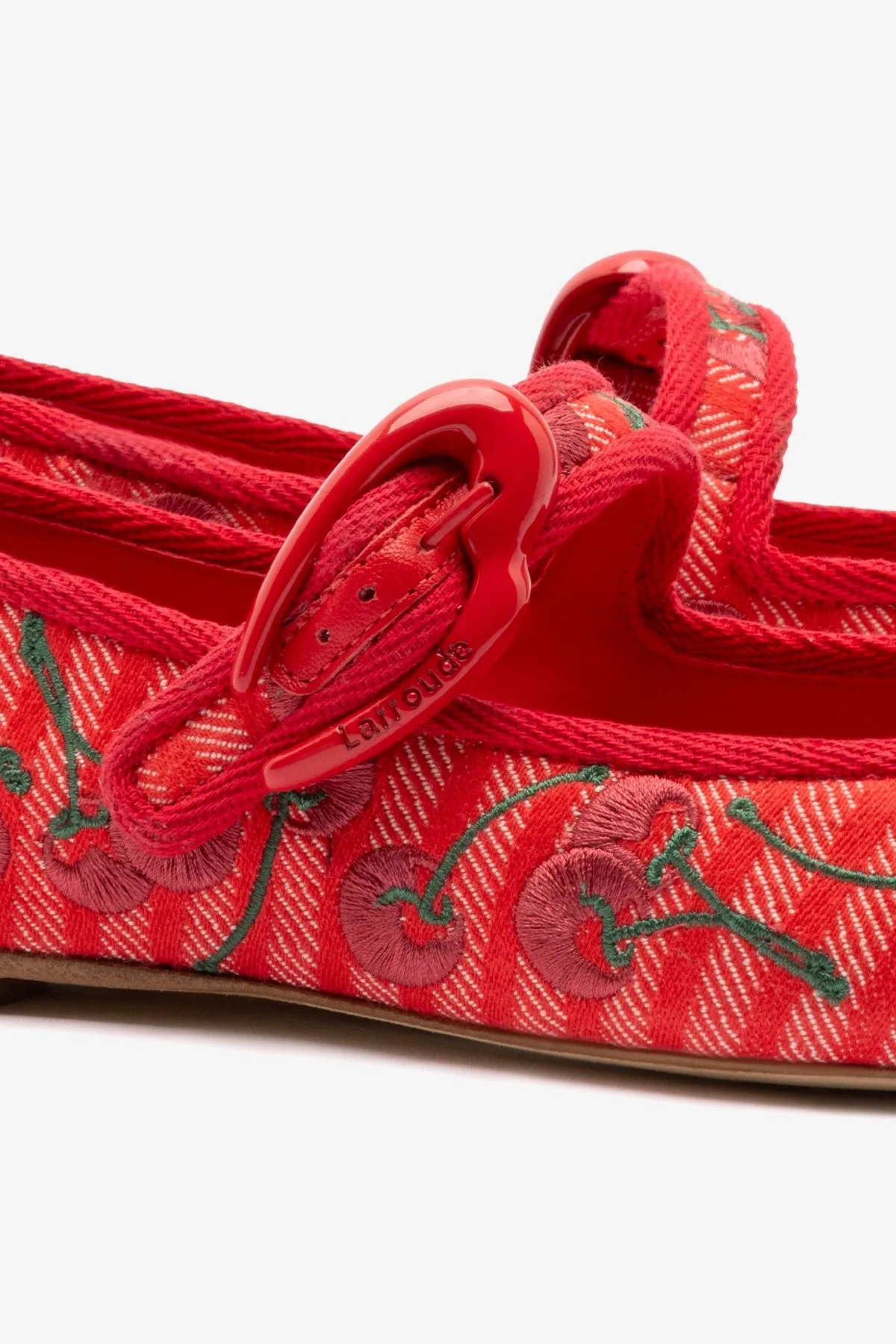 Verona Ballet Flat In Raspberry Striped Fabric and Cherry Embroidery sold by Larroude product image thumbnail 4