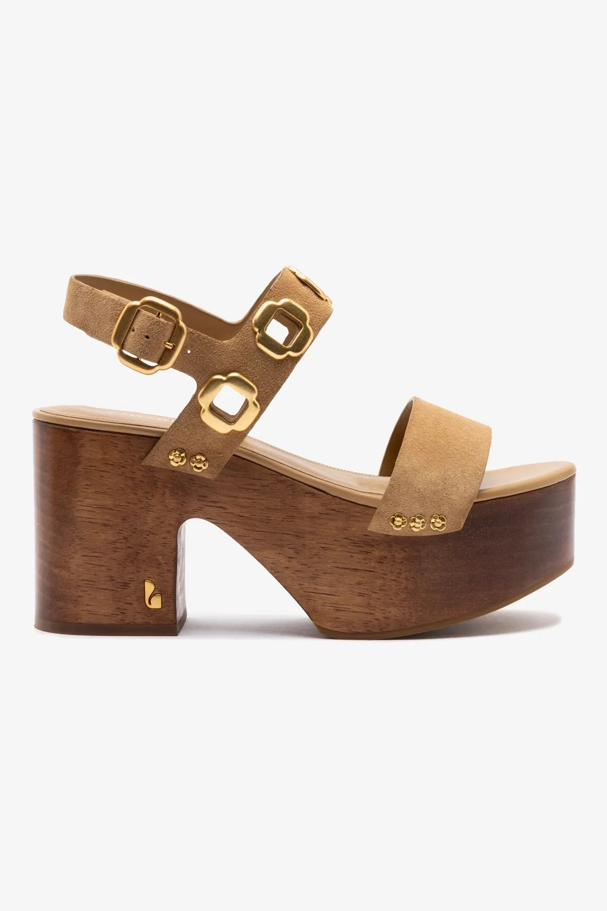 Miso Wooden Platform Sandal In Peanut Suede sold by Larroude