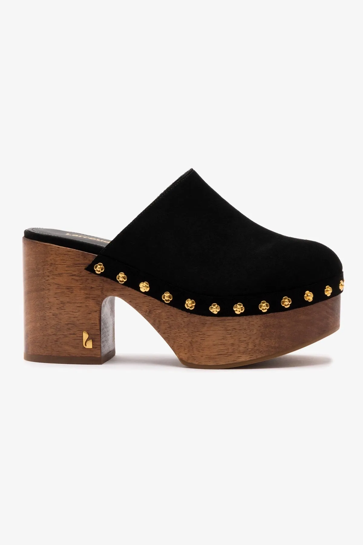 Miso Wooden Platform Clog In Black Suede sold by Larroude