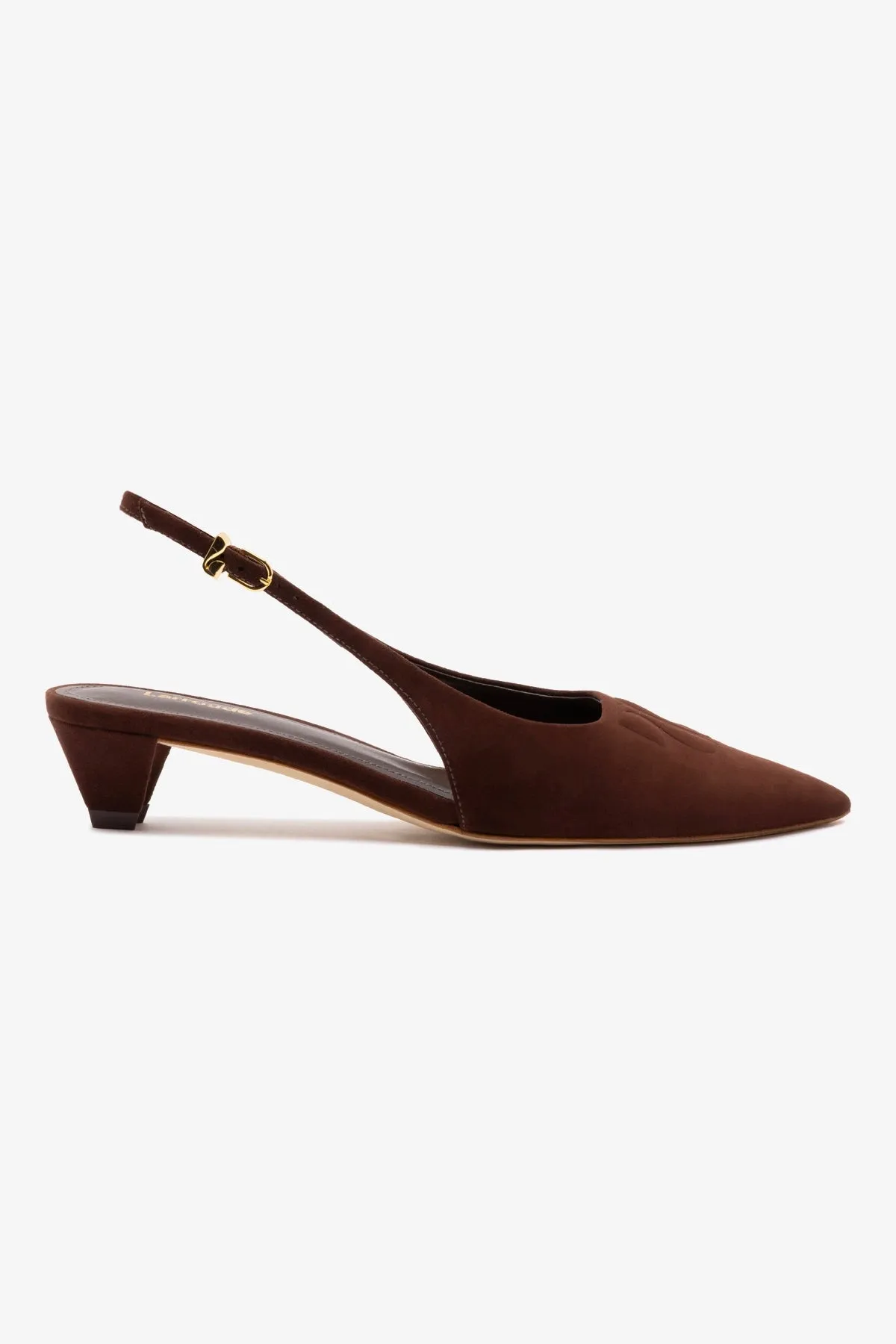 Kaitlan LL Low Pump In Brown Suede sold by Larroude