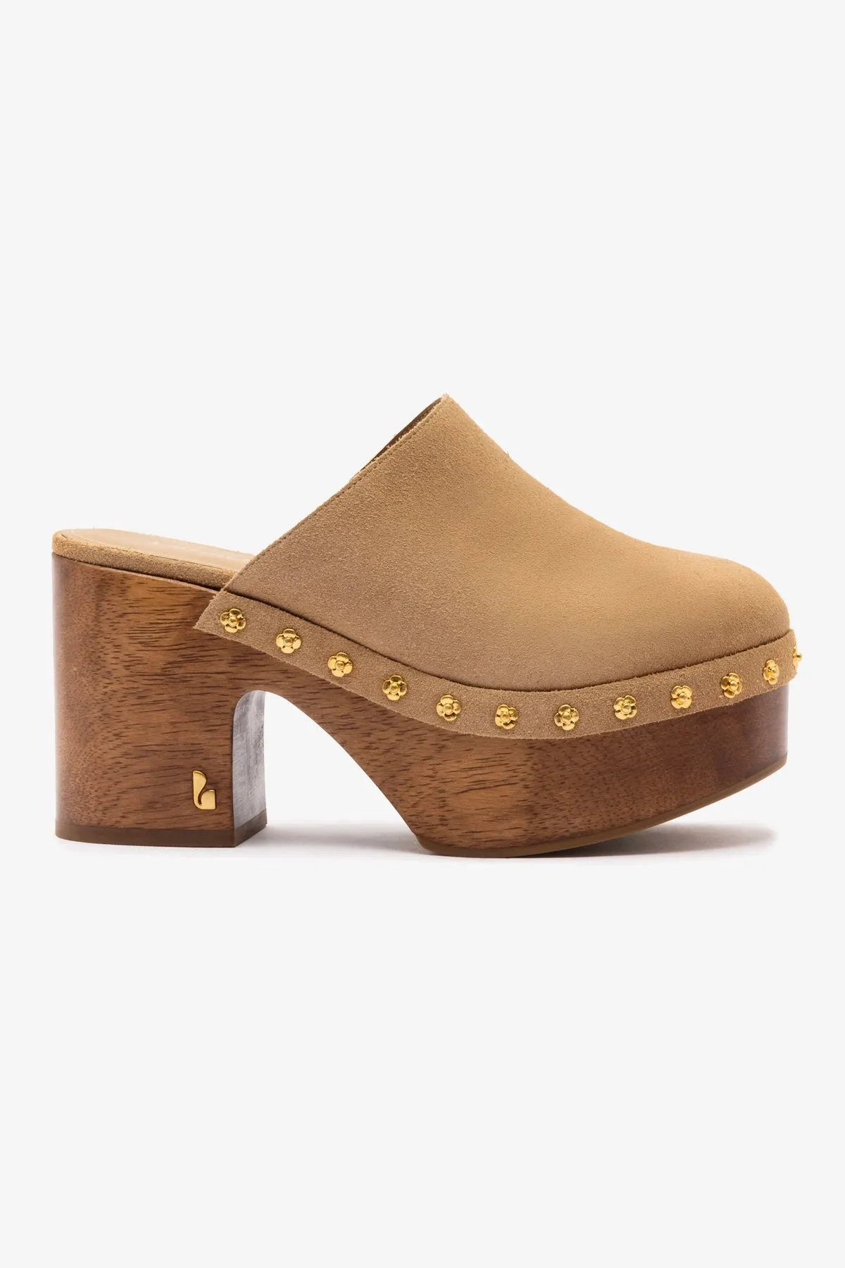 Miso Wooden Platform Clog In Peanut Suede sold by Larroude