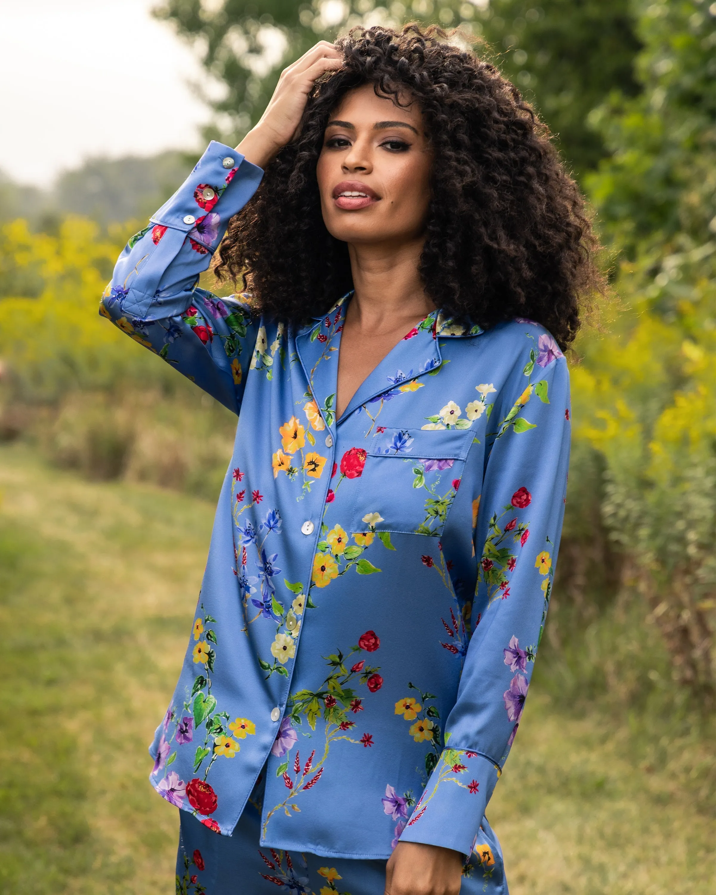 Women's Silk Pajama Set in Brilliant Botanical Azure sold by Larroude product image thumbnail 3