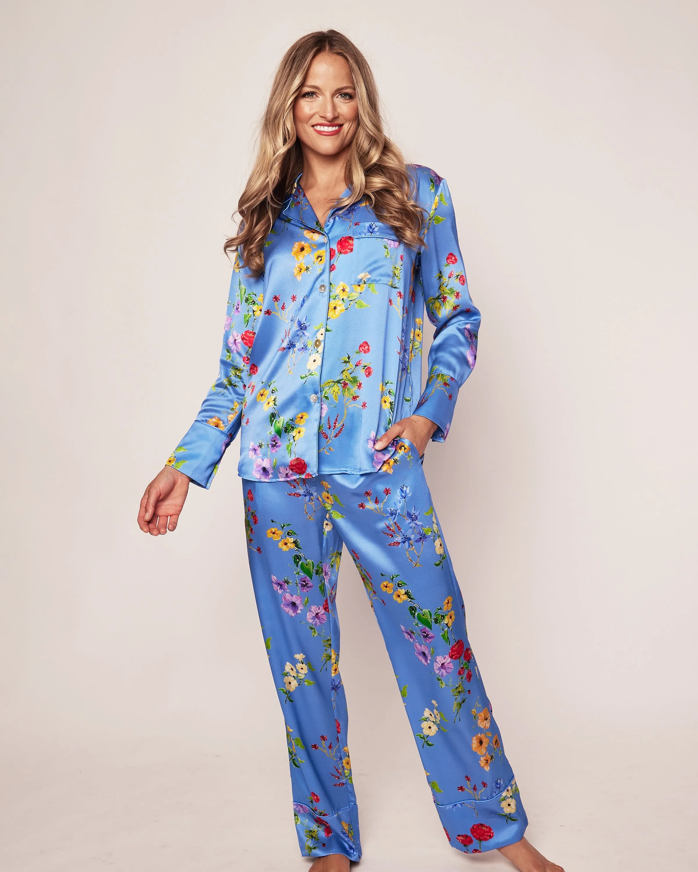 Women's Silk Pajama Set in Brilliant Botanical Azure sold by Larroude product image thumbnail 2