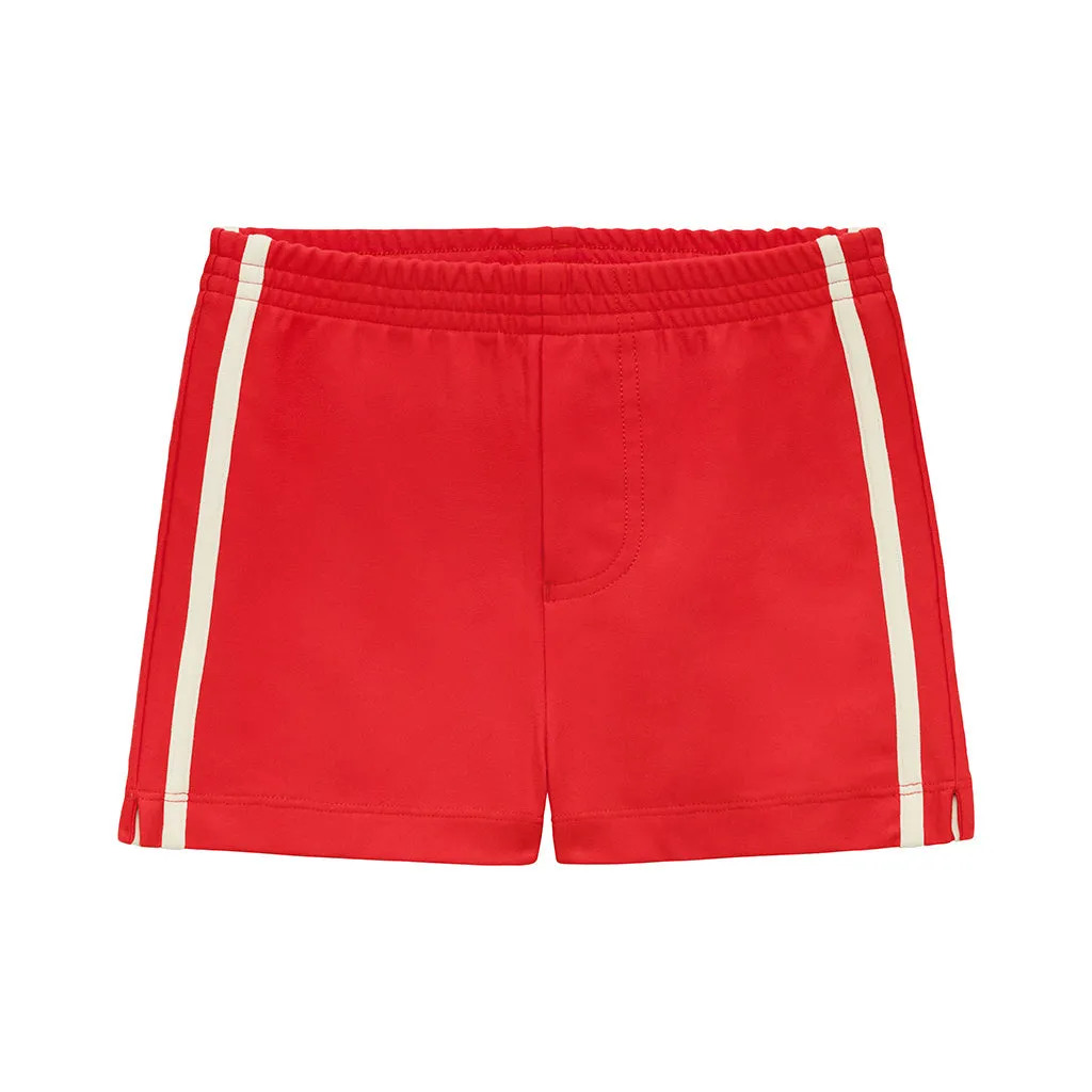 Cherry Mini Swim Trunk (Athletic Stripe) sold by Larroude