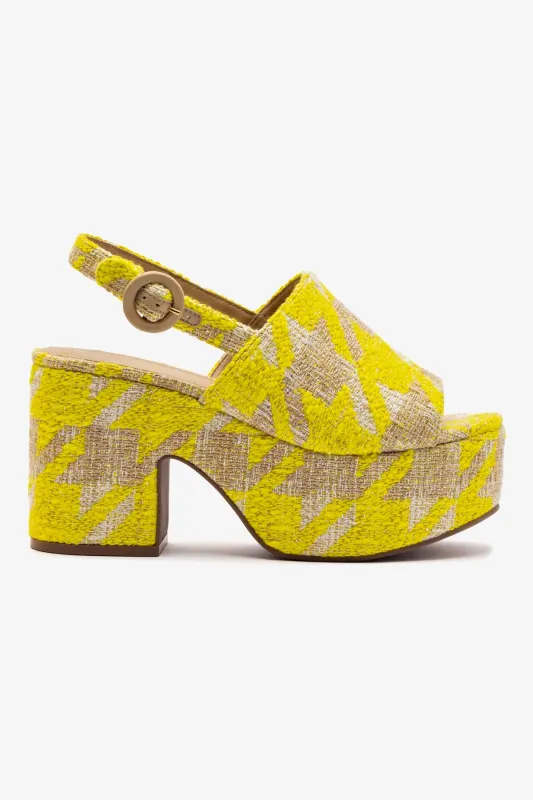 Miso Platform Sandal In Yellow Houndstooth Fabric made by Larroude